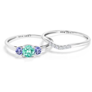 Gem Stone King 10K White Gold Blue Apatite and Blue Tanzanite and White Lab Grown Diamond 3-Stone Bridal Engagement Wedding Ring Set For Women (0.81 Cttw, Gemstone, Round 5MM, Size 5)