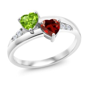 Gem Stone King 925 Sterling Silver Green Peridot Red Garnet and White Lab Grown Diamond Women Ring (1.13 Cttw Heart Shape, Available in size 5, 6, 7, 8, 9)