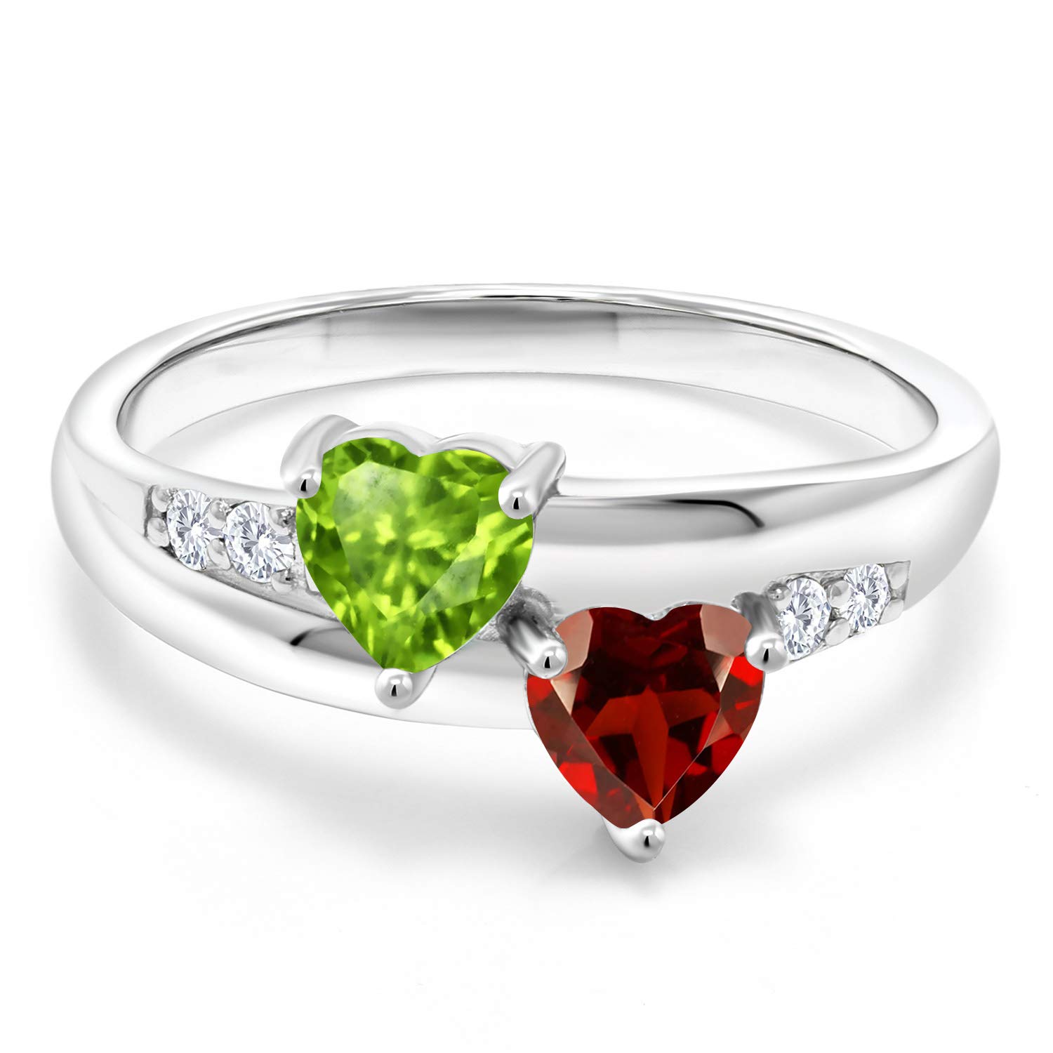 Gem Stone King 925 Sterling Silver Green Peridot Red Garnet and White Lab Grown Diamond Women Ring (1.13 Cttw Heart Shape, Available in size 5, 6, 7, 8, 9)