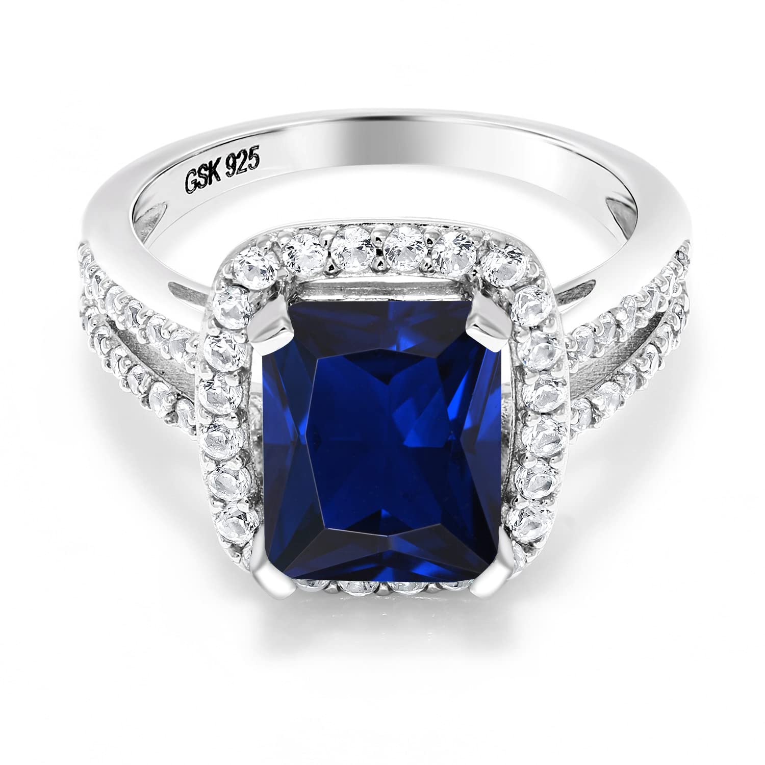 Gem Stone King 925 Sterling Silver Blue Simulated Sapphire Engagement Ring For Women (4.58 Cttw, 10X8MM Emerald Cut, Available in size 5, 6, 7, 8, 9)