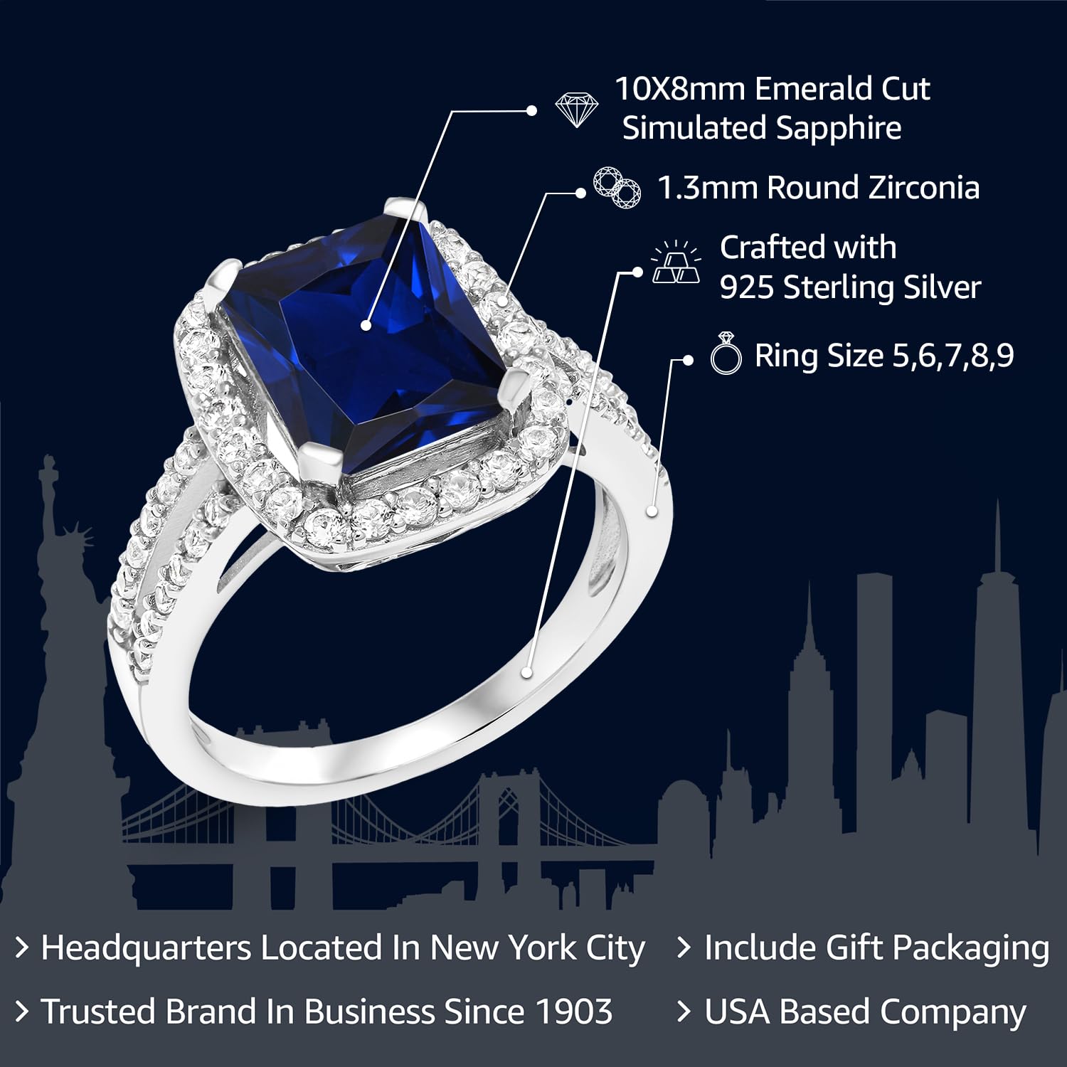 Gem Stone King 925 Sterling Silver Blue Simulated Sapphire Engagement Ring For Women (4.58 Cttw, 10X8MM Emerald Cut, Available in size 5, 6, 7, 8, 9)