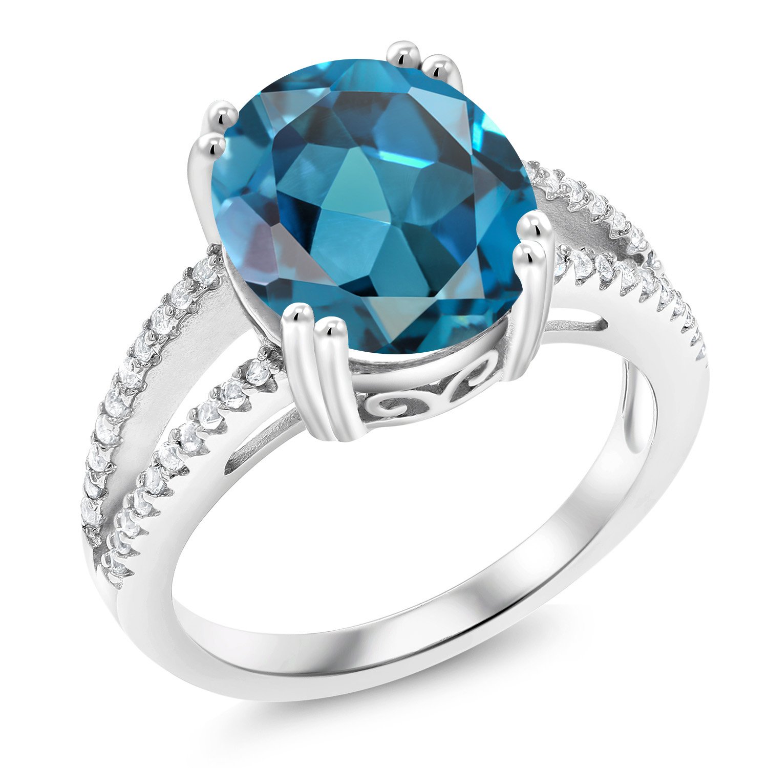 Gem Stone King 5.68 Cttw London Blue Topaz Engagement Ring For Women In 925 Sterling Silver | Oval 12X10MM | Gemstone November Birthstone | Available In Size 5, 6, 7, 8, 9