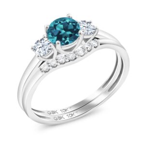 10K White Gold London Blue Topaz and White Created Sapphire and White Lab Grown Diamond 3-Stone Bridal Engagement Wedding Ring Set For Women (0.83 Cttw, November Birthstone, Round 5MM, Size 8)