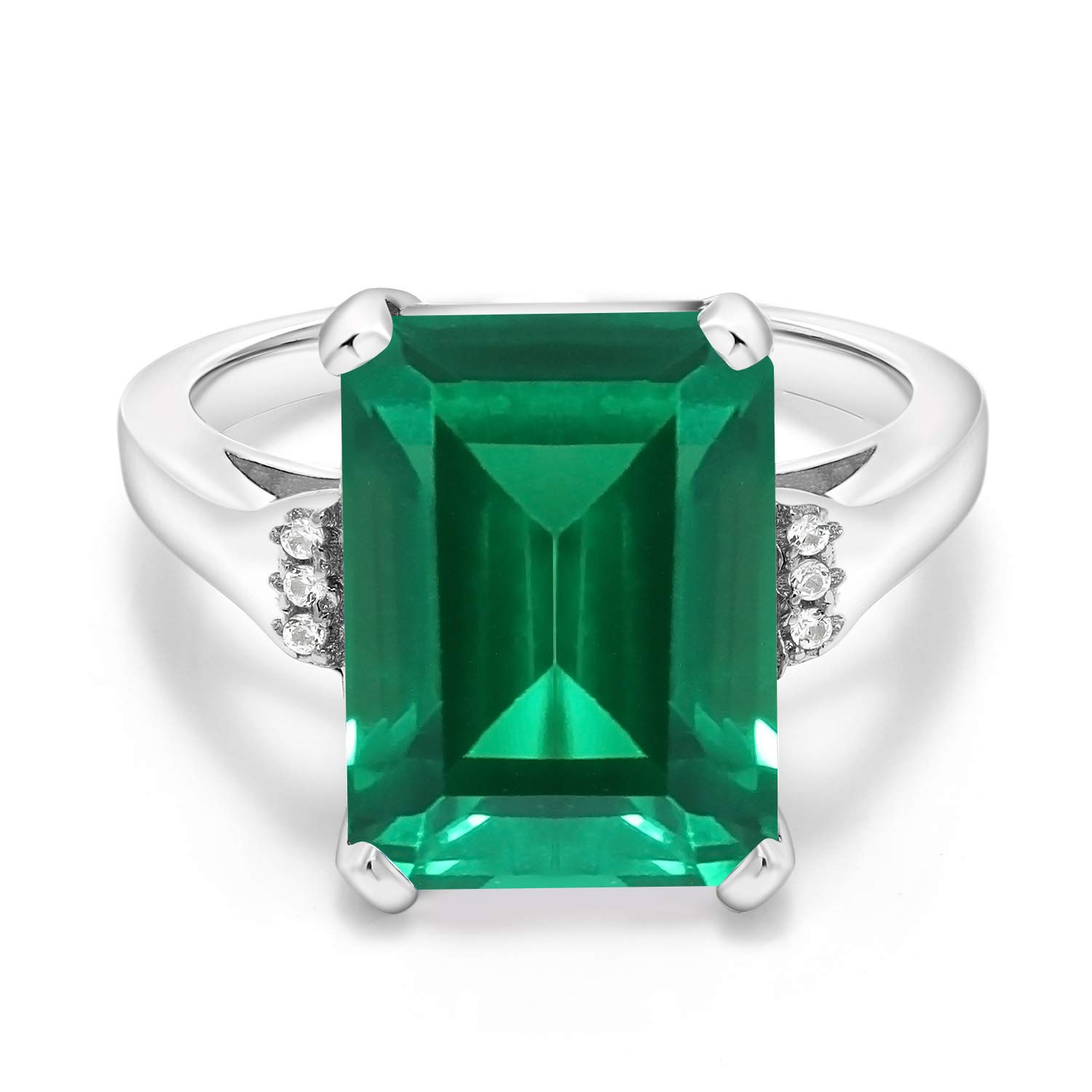 Gem Stone King 6.57 Cttw Green Simulated Emerald Engagement Ring For Women In 925 Sterling Silver | Emerald Cut 14X10MM | Available In Size 5, 6, 7, 8, 9