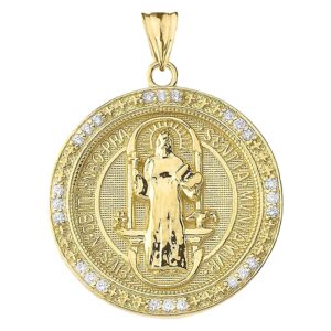 14K Yellow Gold 1/10 Cttw Diamond 1” Round Two Sided Saint Benedict Medal Pendant (J-K Color, I1-I2 Clarity)