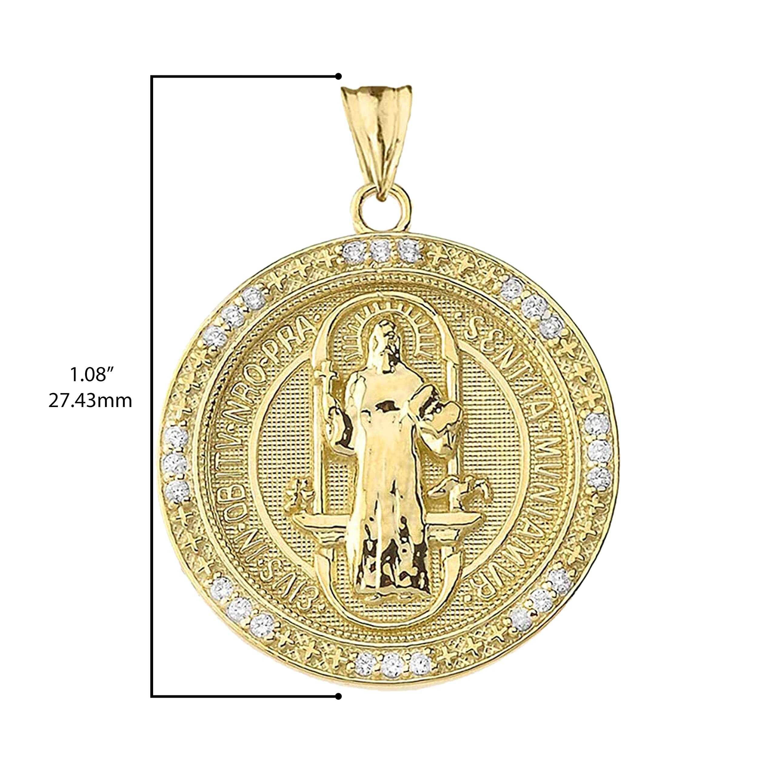 14K Yellow Gold 1/10 Cttw Diamond 1” Round Two Sided Saint Benedict Medal Pendant (J-K Color, I1-I2 Clarity)