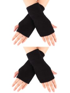 2 pairs fingerless gloves women man stretchy knitted gloves thumb hole mittens wrist length arm warmers (black, black)