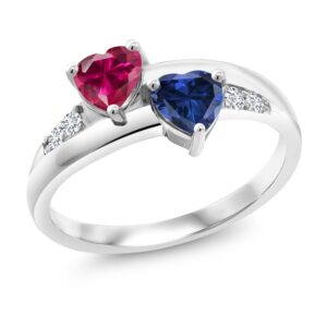 gem stone king 925 sterling silver red created ruby blue created sapphire and white lab grown diamond ring for women (1.29 cttw, heart shape 5mm, available in size 5, 6, 7, 8, 9)