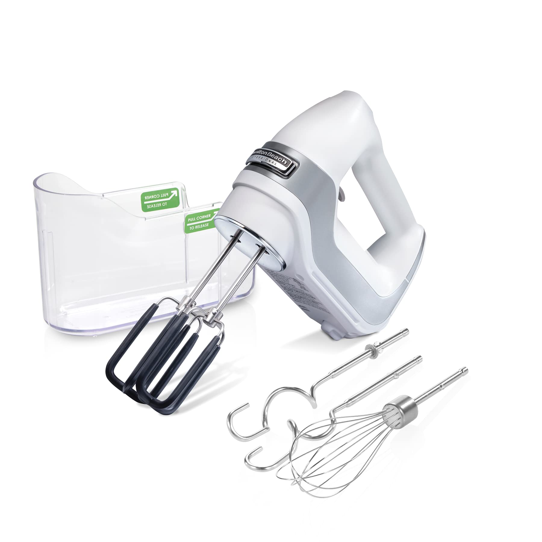 Hamilton Beach Professional 7-Speed Digital Electric Hand Mixer with High-Performance DC Motor, Slow Start, Snap-On Storage Case, SoftScrape Beaters, Whisk, Dough Hooks, White (62656)