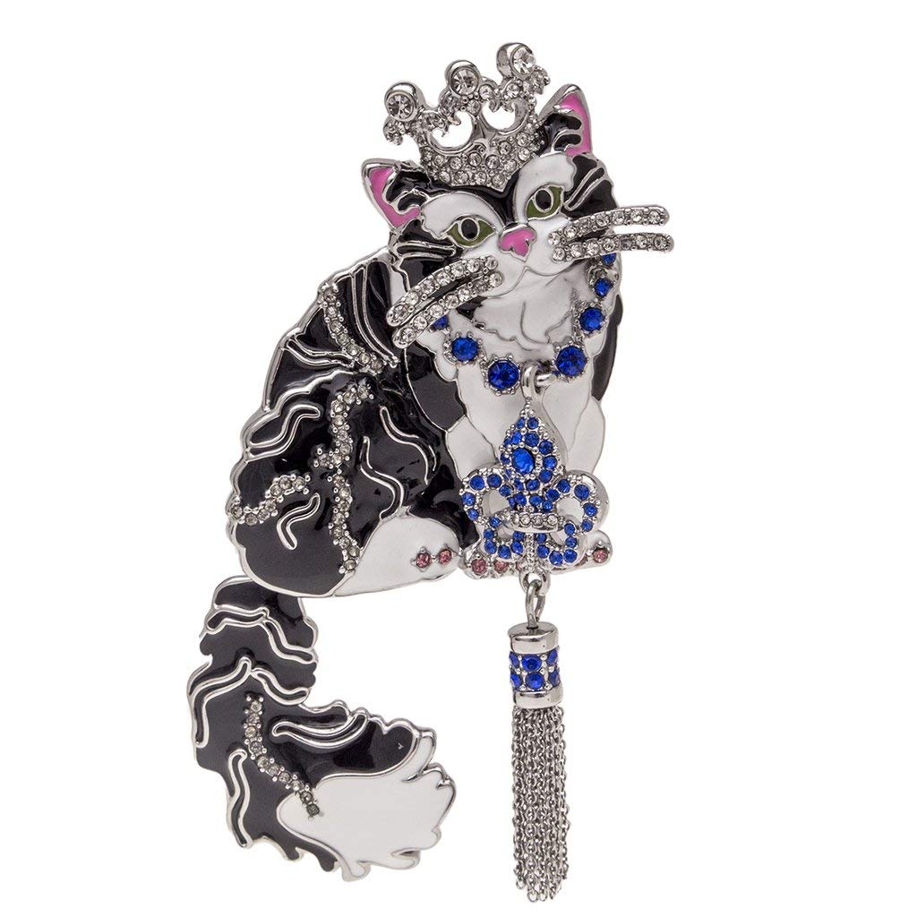 Ritzy Couture Women's Enamel Princess Kitty Crystal Crown Drop Dangle Chain Tassel Pin Pendant (Silvertone) - Cat Dangling Ornament (Black)