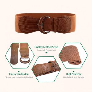 VOCHIC 2pcs Stretch Wide Belt for Women Elastic Thick Waist Belt for Dress PU Leather Elastic Wide Belt, Brown Black