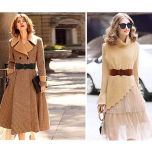 VOCHIC 2pcs Stretch Wide Belt for Women Elastic Thick Waist Belt for Dress PU Leather Elastic Wide Belt, Brown Black