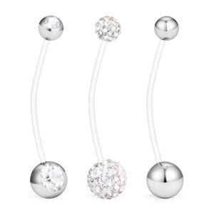 Hoeudjo 14G 1 1/2 Inch CZ Sports Pregnancy Maternity Flexible Bioplast Long Belly Button Rings Navel Retainer Body Piercing Set of 3 Silver