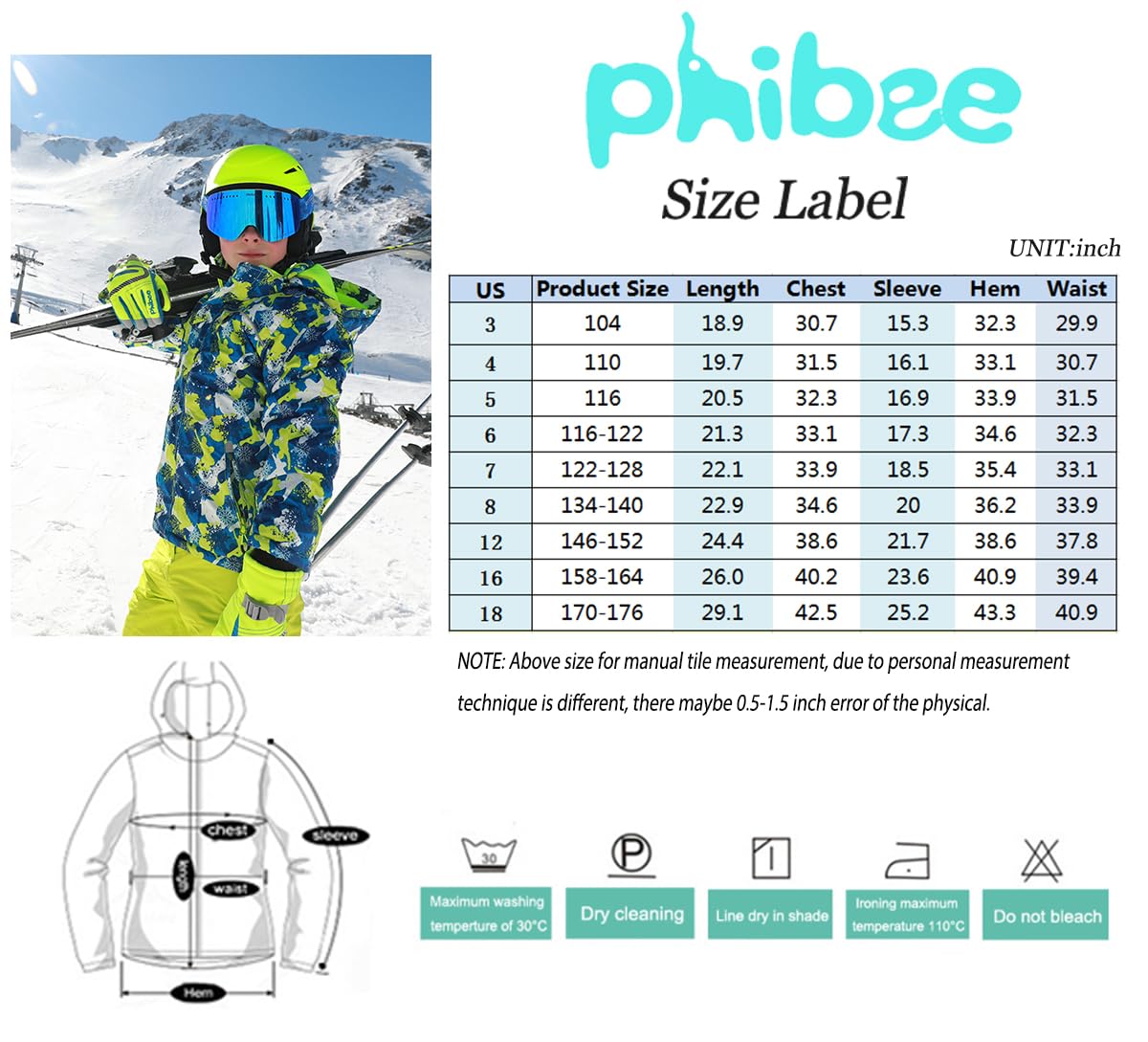 PHIBEE Big Boy's Waterproof Breathable Snowboard Ski Jacket Print1 6