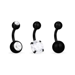 Hoeudjo 3PCS 14G 1/4Inch 6mm Clear 4-Prong-Setting CZ Stainless Steel Super Short Petite Belly Button Rings Navel Body Piercing for Women Girls - Black