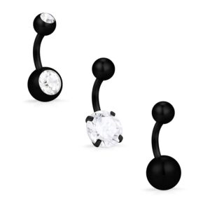 Hoeudjo 3PCS 14G 1/4Inch 6mm Clear 4-Prong-Setting CZ Stainless Steel Super Short Petite Belly Button Rings Navel Body Piercing for Women Girls - Black