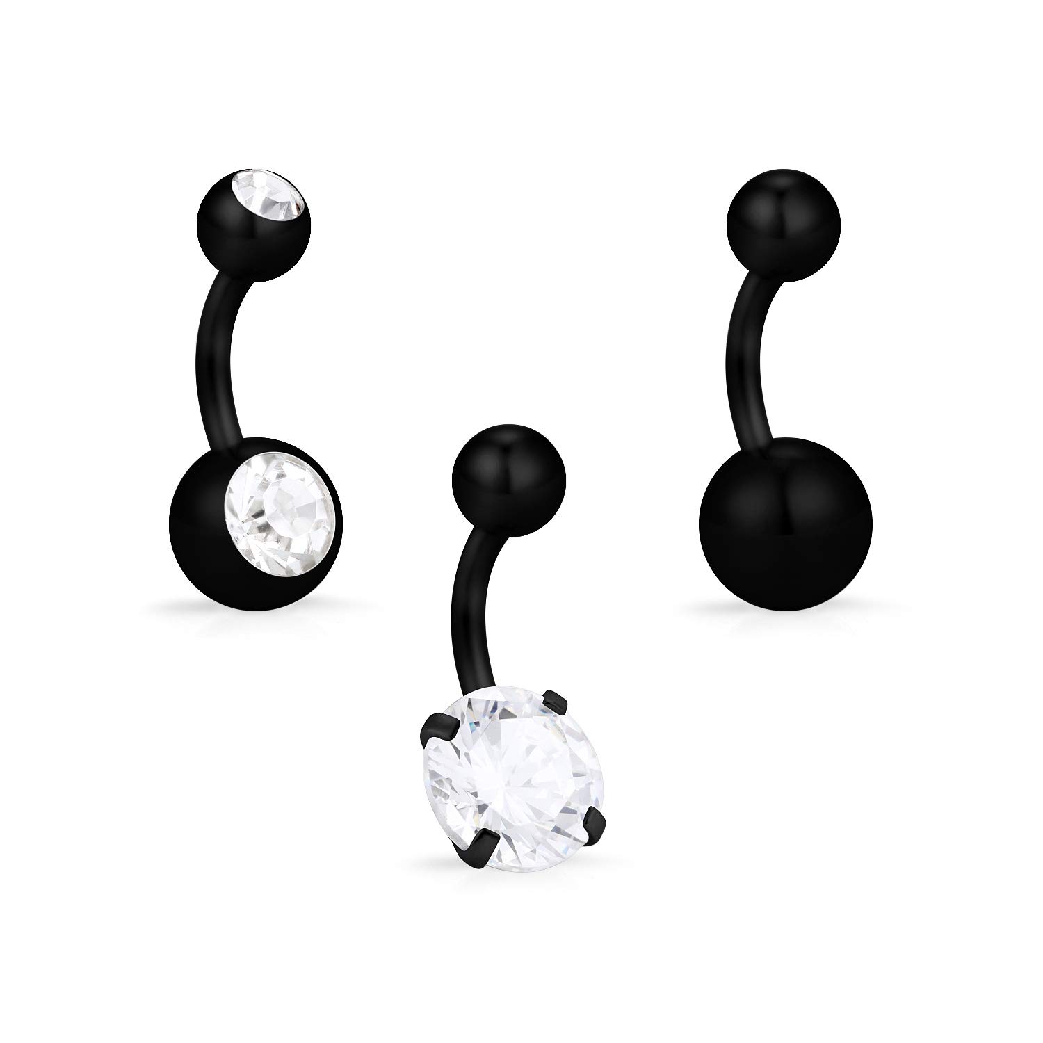 Hoeudjo 3PCS 14G 1/4Inch 6mm Clear 4-Prong-Setting CZ Stainless Steel Super Short Petite Belly Button Rings Navel Body Piercing for Women Girls - Black