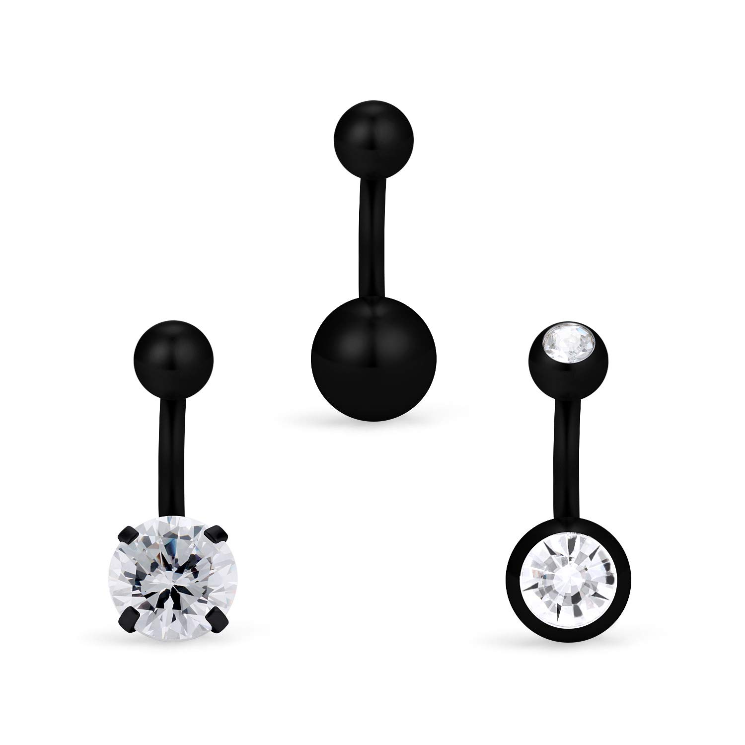 Hoeudjo 3PCS 14G 1/4Inch 6mm Clear 4-Prong-Setting CZ Stainless Steel Super Short Petite Belly Button Rings Navel Body Piercing for Women Girls - Black