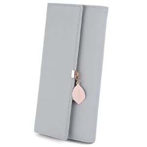 UTO RFID Wallet for Women PU Leather Leaf Pendant Card Holder Phone Checkbook Organizer Zipper Coin Purse Ace Large Grey