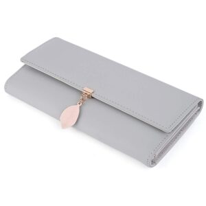 UTO RFID Wallet for Women PU Leather Leaf Pendant Card Holder Phone Checkbook Organizer Zipper Coin Purse Ace Large Grey