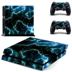 FOTTCZ Whole Body Vinyl Skin Sticker Decal Cover for PS4 Console and 2PCS Controllers Skins Cyan Lighting