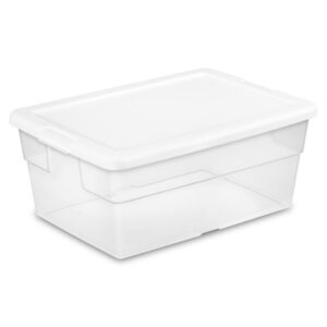 Sterilite 16 Quart Storage Box, Stackable Bin with Lid, Organize Shoes, Crafts in Home Closet, Office, School, Clear with White Lid, 48-pack