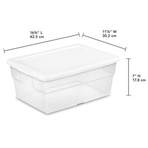 Sterilite 16 Quart Storage Box, Stackable Bin with Lid, Organize Shoes, Crafts in Home Closet, Office, School, Clear with White Lid, 48-pack