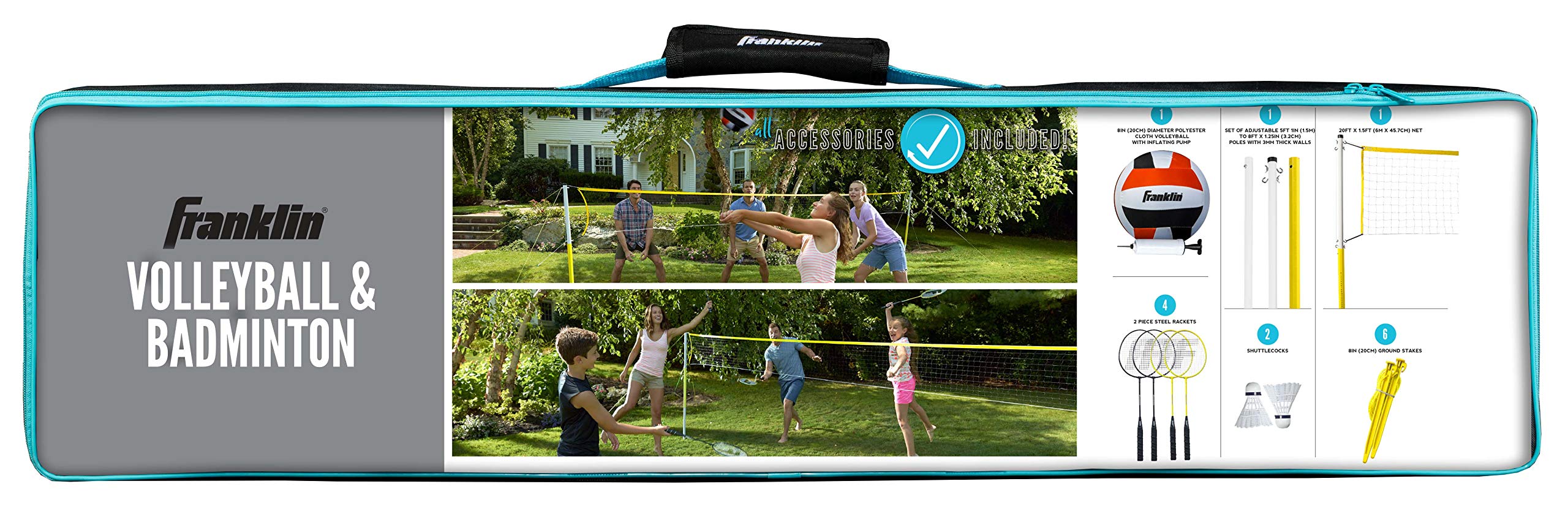 Franklin Sports Family Volleyball & Badminton Combo Set - Portable Backyard + Beach Volleyball + Badminton Net - Volleyball, Rackets & Birdie Included - Family