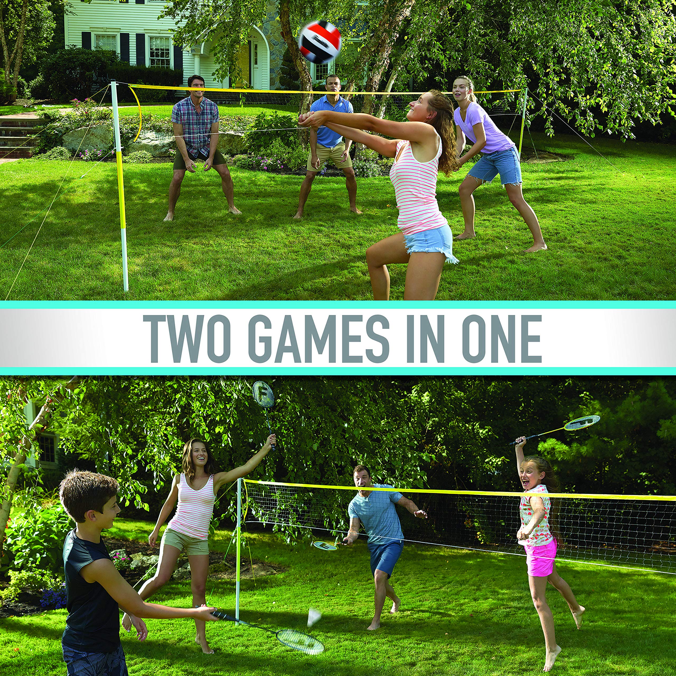 Franklin Sports Family Volleyball & Badminton Combo Set - Portable Backyard + Beach Volleyball + Badminton Net - Volleyball, Rackets & Birdie Included - Family