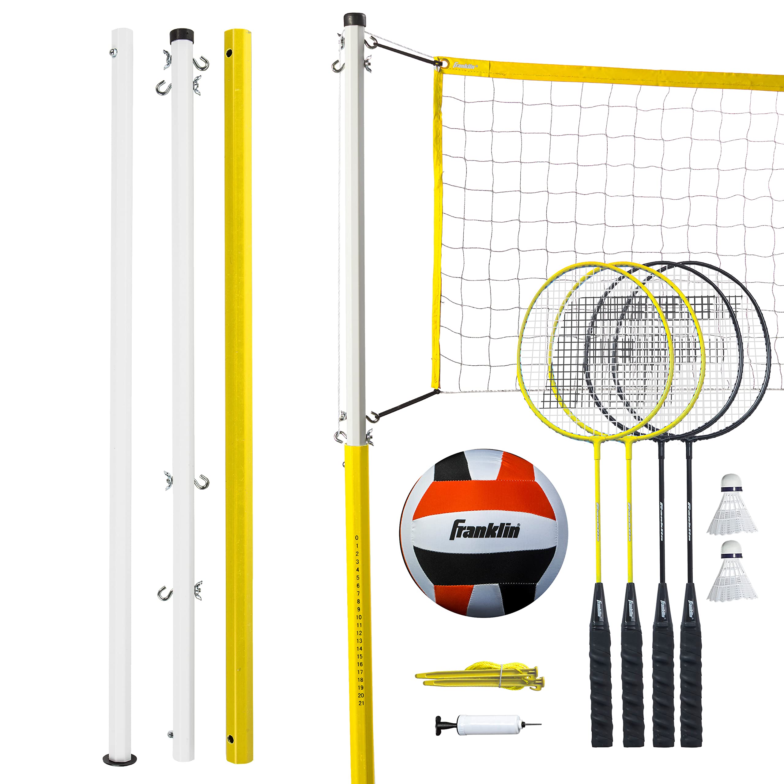 Franklin Sports Family Volleyball & Badminton Combo Set - Portable Backyard + Beach Volleyball + Badminton Net - Volleyball, Rackets & Birdie Included - Family