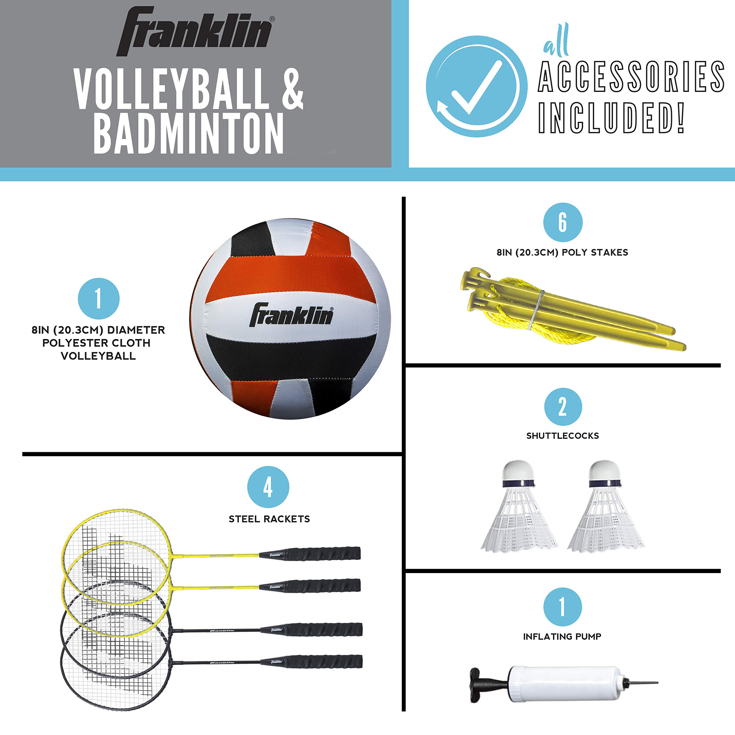 Franklin Sports Family Volleyball & Badminton Combo Set - Portable Backyard + Beach Volleyball + Badminton Net - Volleyball, Rackets & Birdie Included - Family