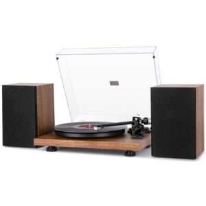 1 by one bluetooth turntable hifi system with 36 watt bookshelf speakers, patend designed vinyl record player with magnetic cartridge, bluetooth playback and auto off