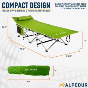 Alpcour Folding Camping Cot – Deluxe Collapsible Single Person Bed in a Bag w/Pillow for Indoor & Outdoor Use – Ultra Lightweight, Comfortable, Heavy Duty Design Holds Adults & Kids Up to 300 Lbs