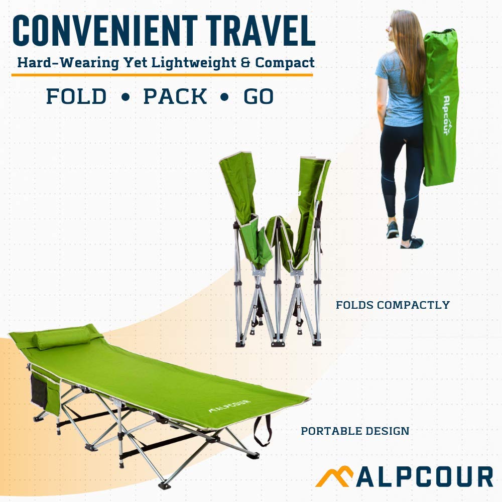 Alpcour Folding Camping Cot – Deluxe Collapsible Single Person Bed in a Bag w/Pillow for Indoor & Outdoor Use – Ultra Lightweight, Comfortable, Heavy Duty Design Holds Adults & Kids Up to 300 Lbs