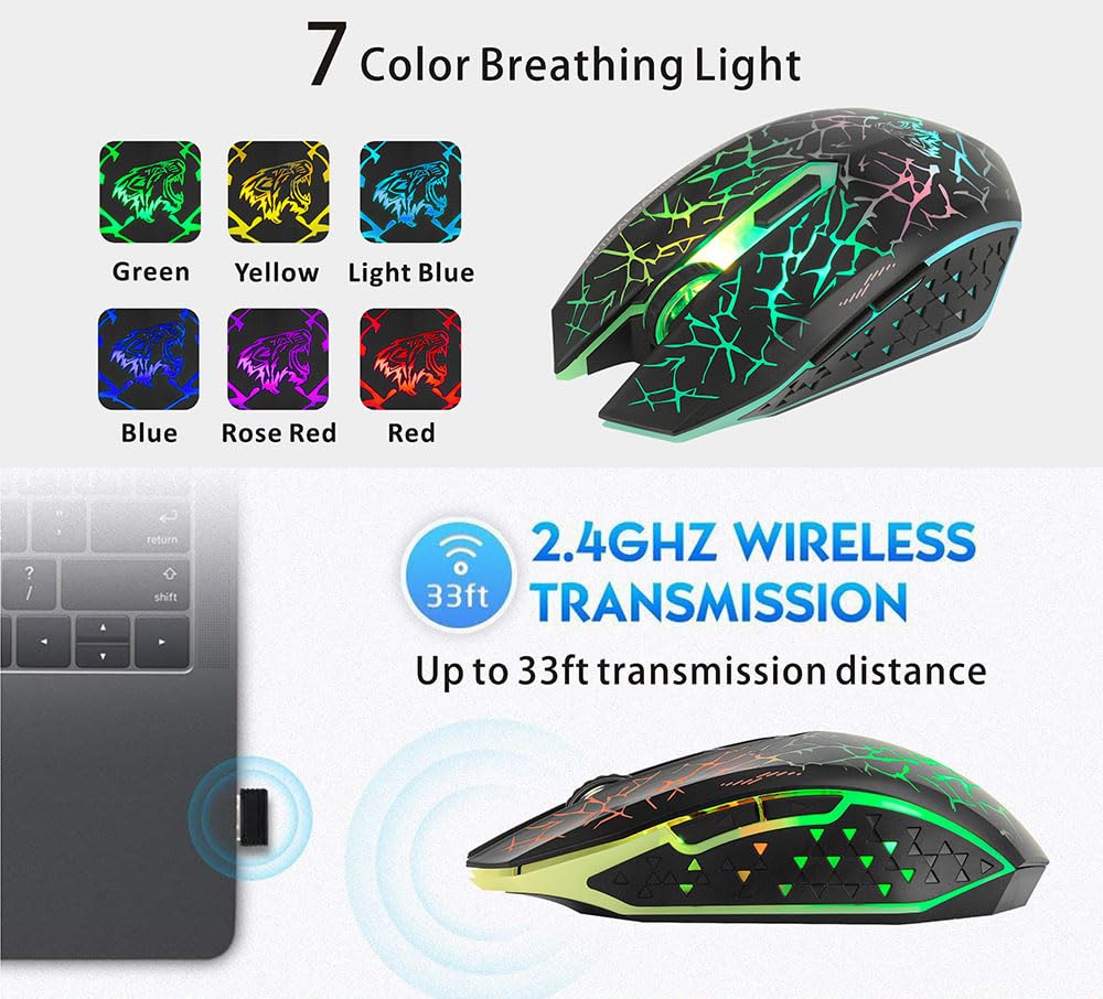 Uciefy Q8 Wireless Gaming Computer Mouse, 2.4GHz USB Optical Rechargeable Ergonomic LED Wireless Silent Mouse, 3 Adjustable DPI, 6 Buttons, Compatible with PC, Laptop, Notebook, Desktop (Black)