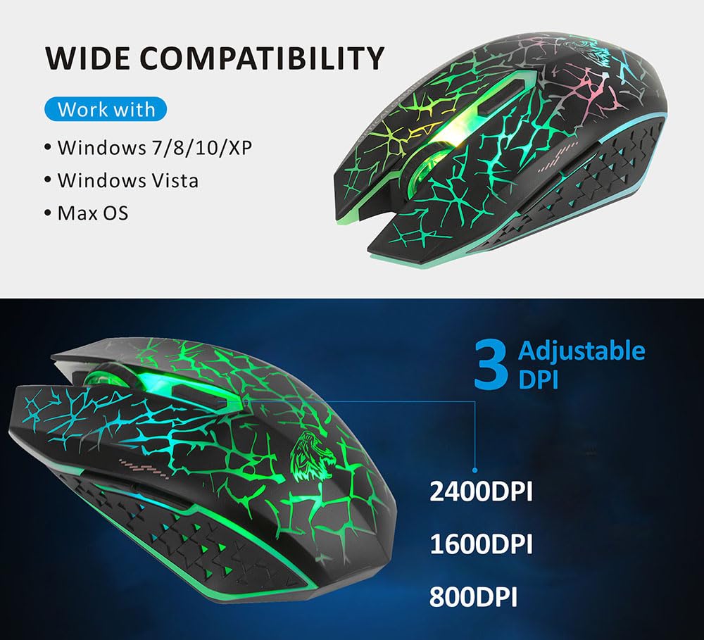 Uciefy Q8 Wireless Gaming Computer Mouse, 2.4GHz USB Optical Rechargeable Ergonomic LED Wireless Silent Mouse, 3 Adjustable DPI, 6 Buttons, Compatible with PC, Laptop, Notebook, Desktop (Black)