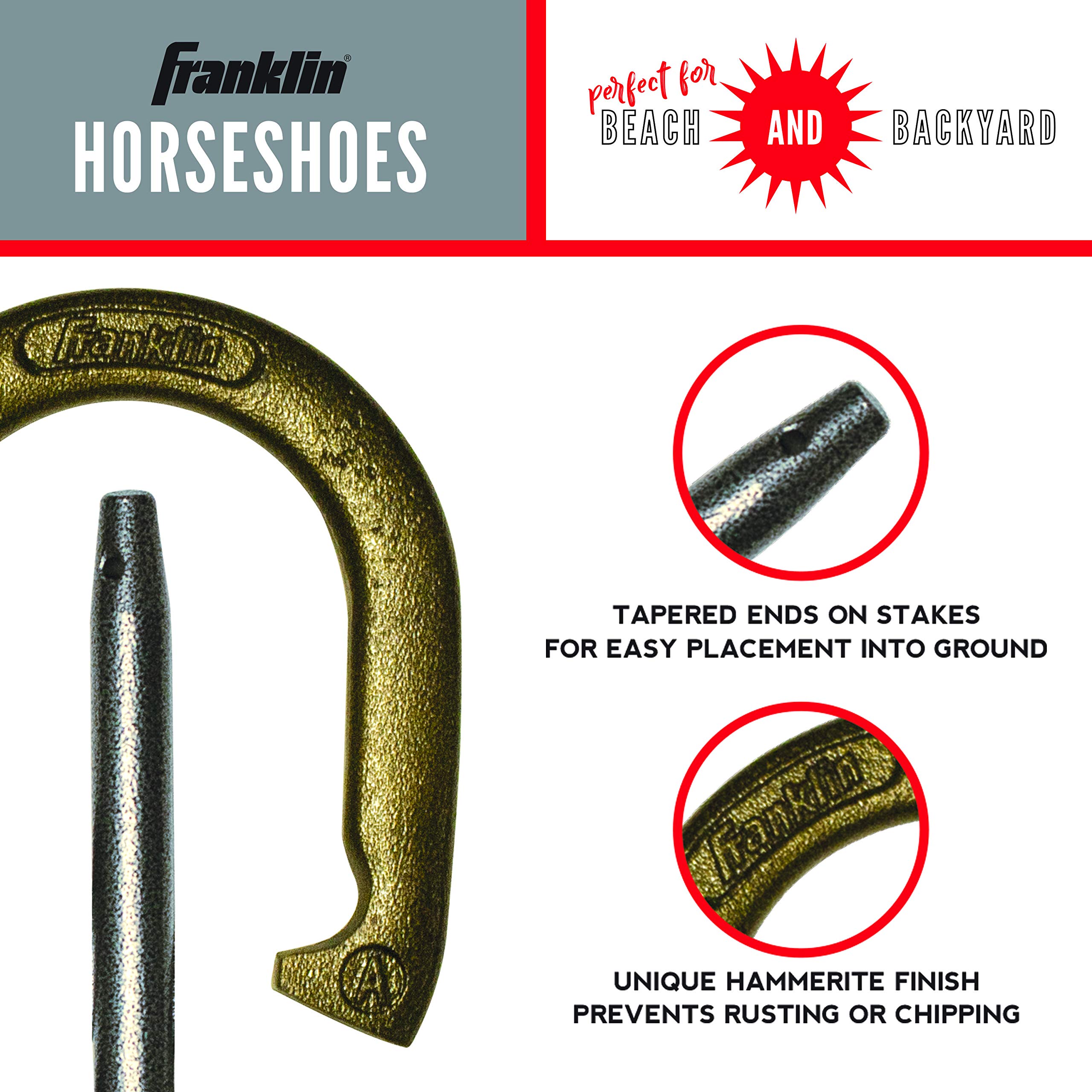 Franklin Sports Horseshoes Sets - Includes 4 Horseshoes and 2 Stakes - Official Weight Horseshoes and Stakes - All Weather Durable Sets - Starter