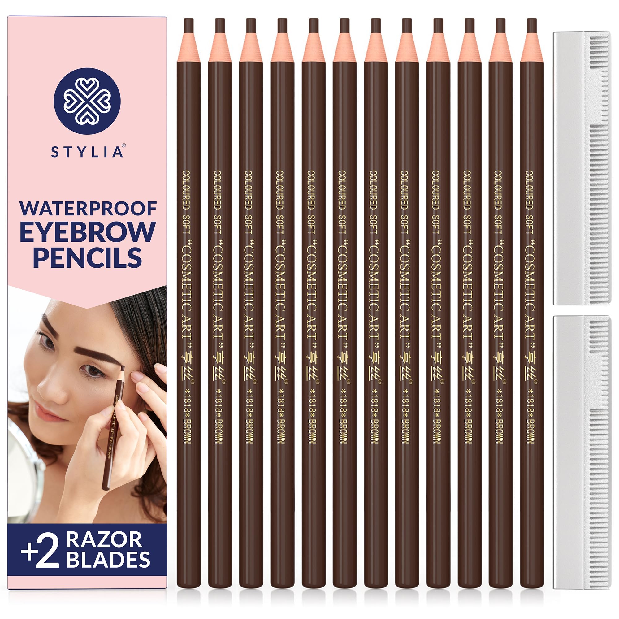 Stylia Eyebrow Pencil Set (12 Pieces - Dark Brown), Eyebrow Pencil, Eye Brow Pencils for Women Makeup, Microblading Long Lasting Eyebrow Pencil Liners for Marking, Filling And Outlining Eyebrow