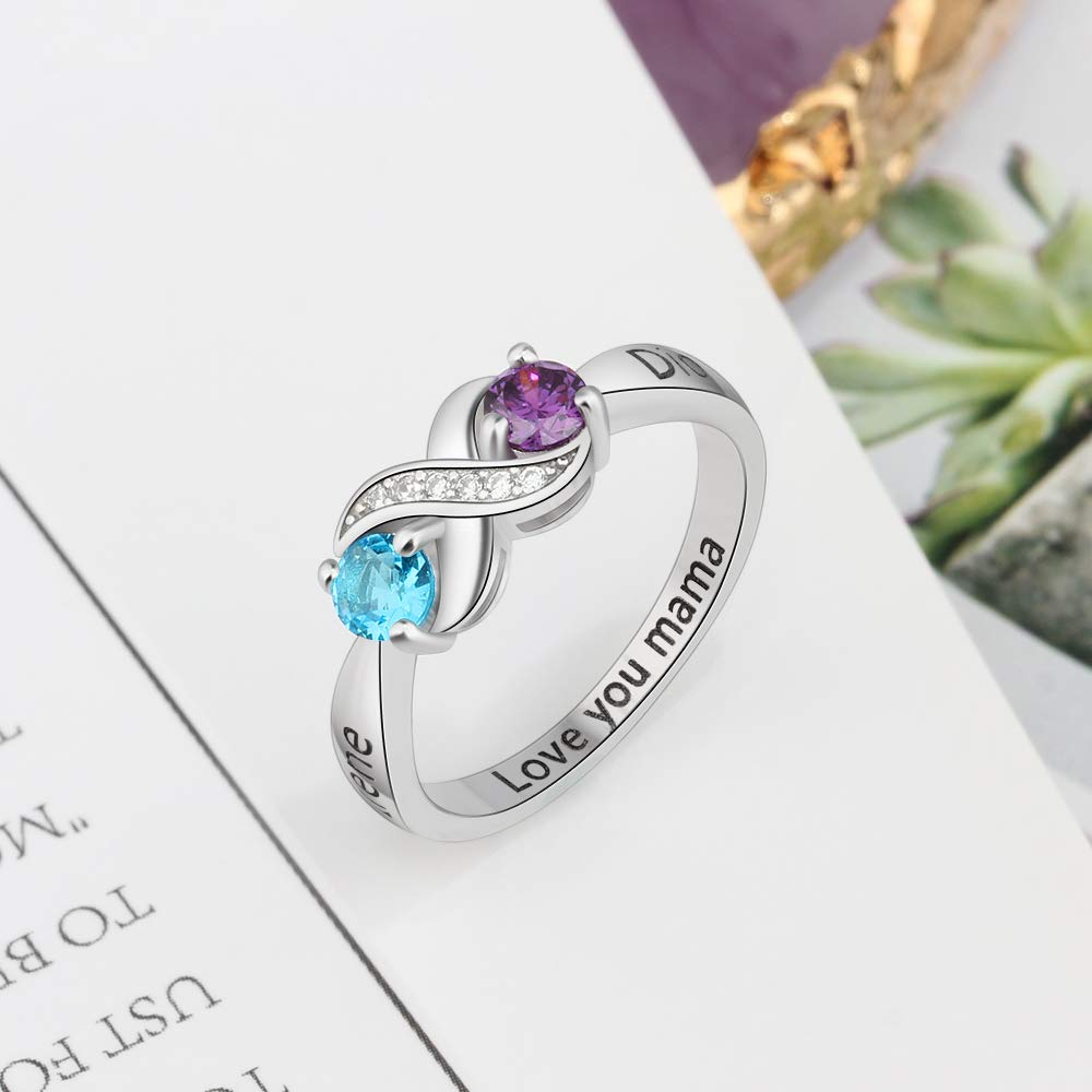 Personalized Infinity Mothers Ring with 2 Round Simulated Birthstones Engagement Promise Rings for Women (5)