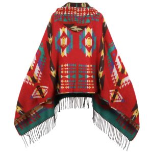 Uyuni Women's Bohemian Casual Hooded Shawl Fringe Poncho Cashmere Loose Plaid Cape Vintage Geometric Patterned Cardigan