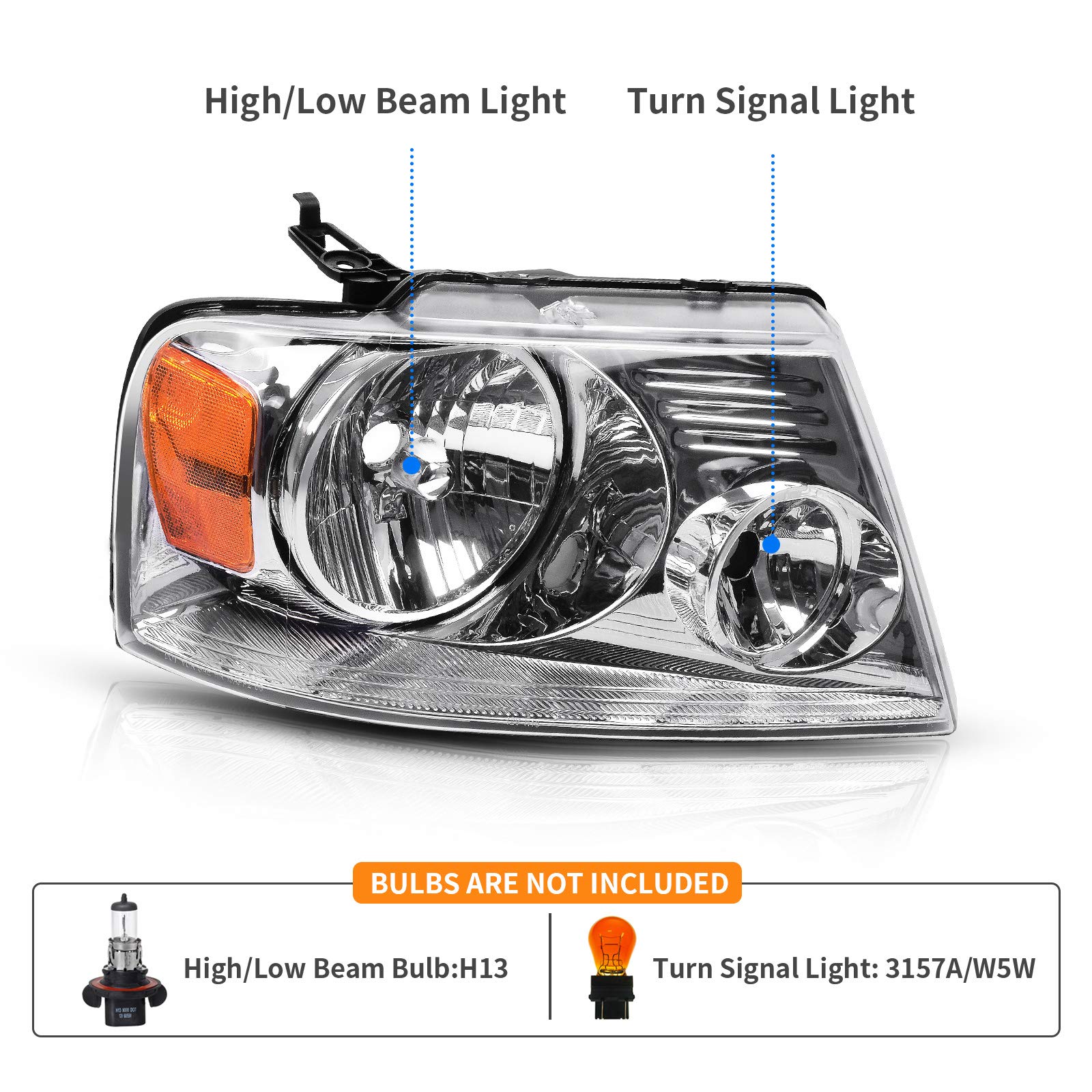 DWVO Headlight Assembly Compatible with 2004 2005 2006 2007 2008 Ford F150 Pickup 2006 2007 2008 Lincoln Mark LT Passenger and Driver Side Chrome Housing Amber Reflector