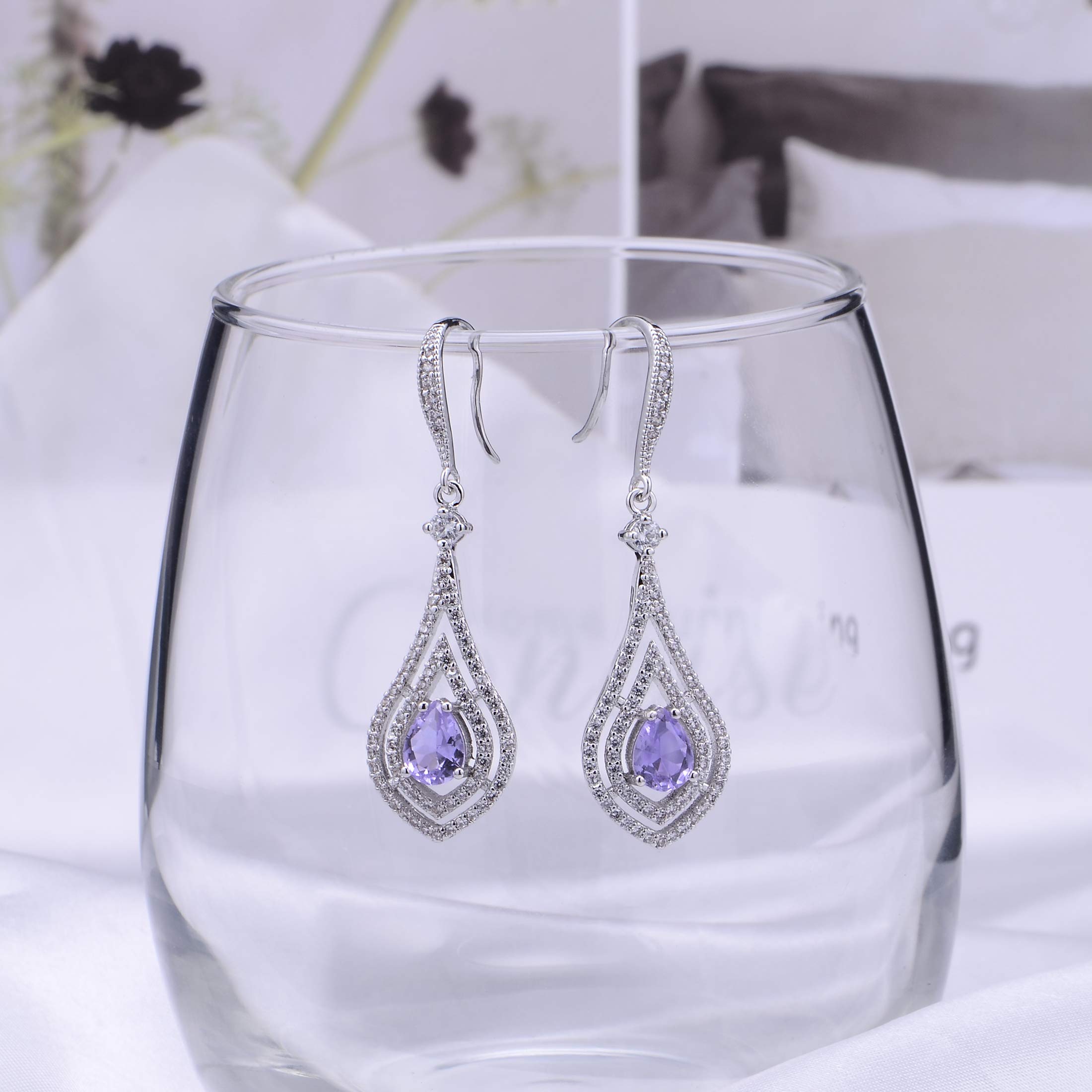 Amethyst Dangle Earrings for Women - Long Silver Teardrop Purple Crystal Cubic Zirconia CZ Chandelier Drop Earrings for Wedding Party Prom Bridal Earring for Bride Bridesmaids Birthstone Jewelry