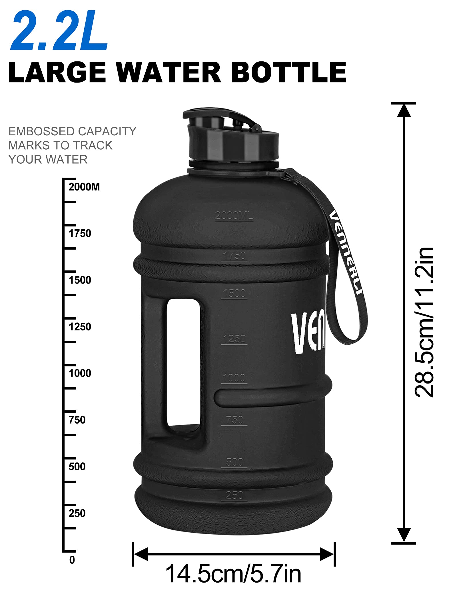 VENNERLI Half Gallon Water Bottle 2.2L Large Sports Water Bottle with Handle 74oz BPA-free Reusable Plastic Water Jugs Leakproof Hydro Bottle for Gym Yoga Travel Camping Cycling Outdoor Sports