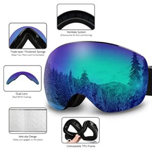 AKASO OTG Ski Goggles, Snowboard Goggles, Mag-Pro Magnetic Interchangeable Lenses, Anti-Fog, 100% UV Protection, Helmet Compatible, Snow Goggles for Men & Women