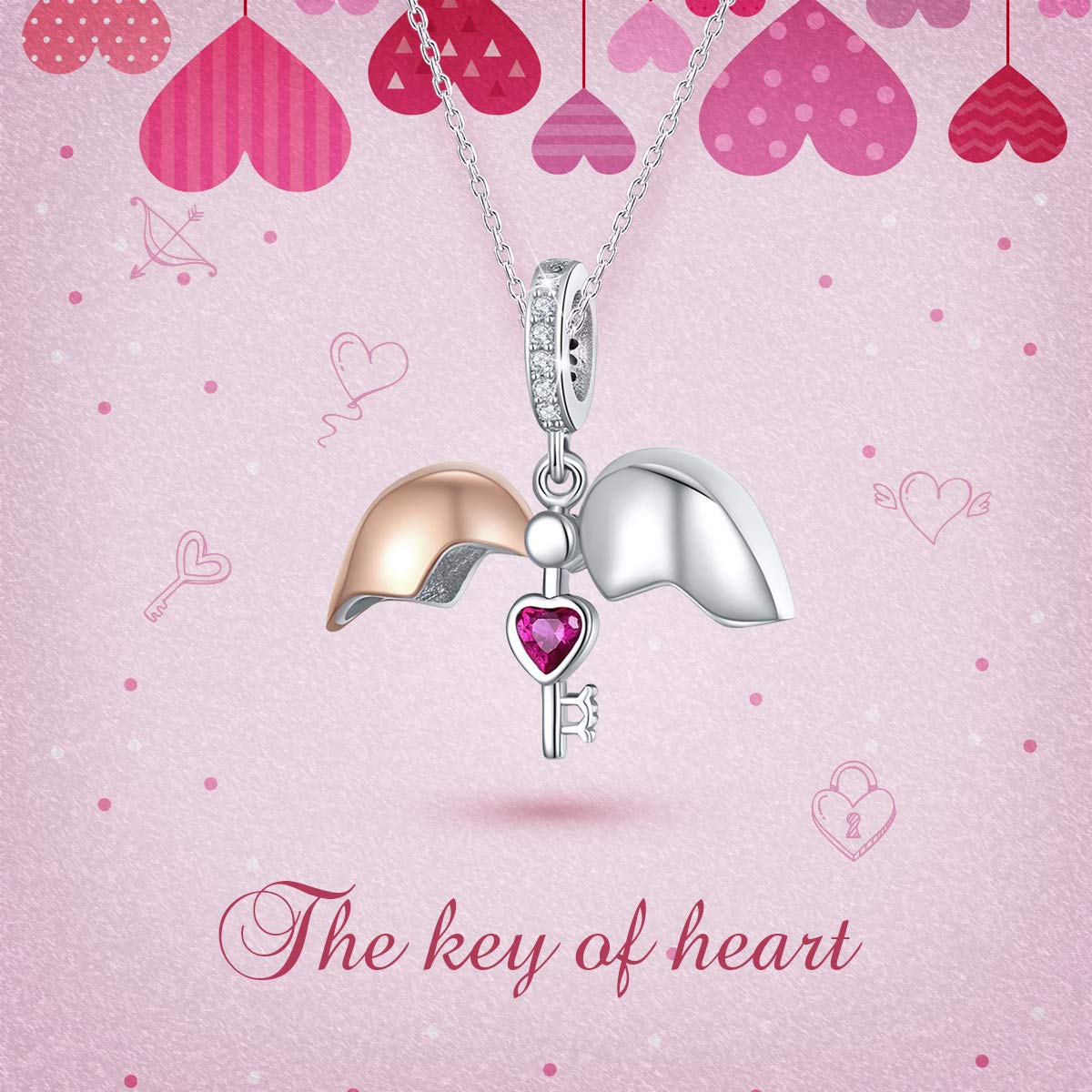 FOREVER QUEEN I Love You Charm Key to My Heart Dangle Charm 925 Silver Open Close Angel Wings Pendant Charm fit Bracelet Necklace Valentine's Day Xmas Gift BJ09086 (Key to My Heart Dangle Charm)