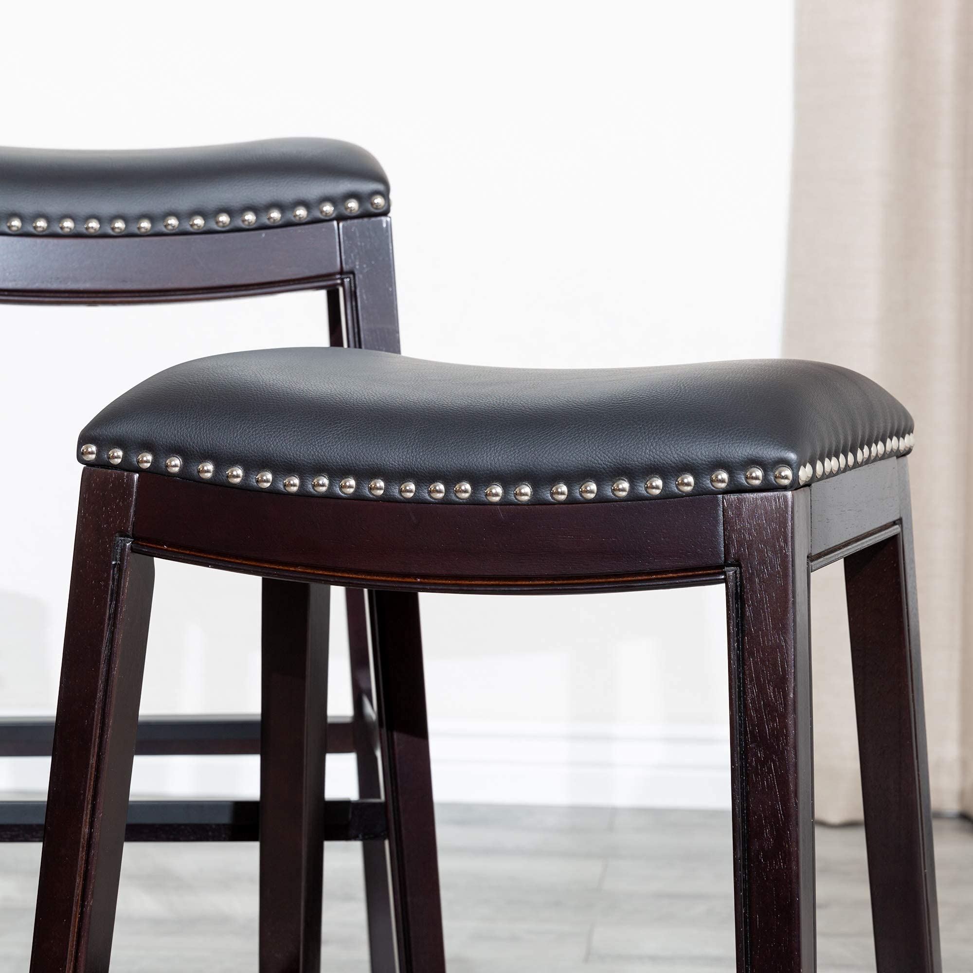 DTY Indoor Living Durango Bonded Leather Saddle Stool, 24” Counter Stool, Espresso Finish, Black Leather Seat