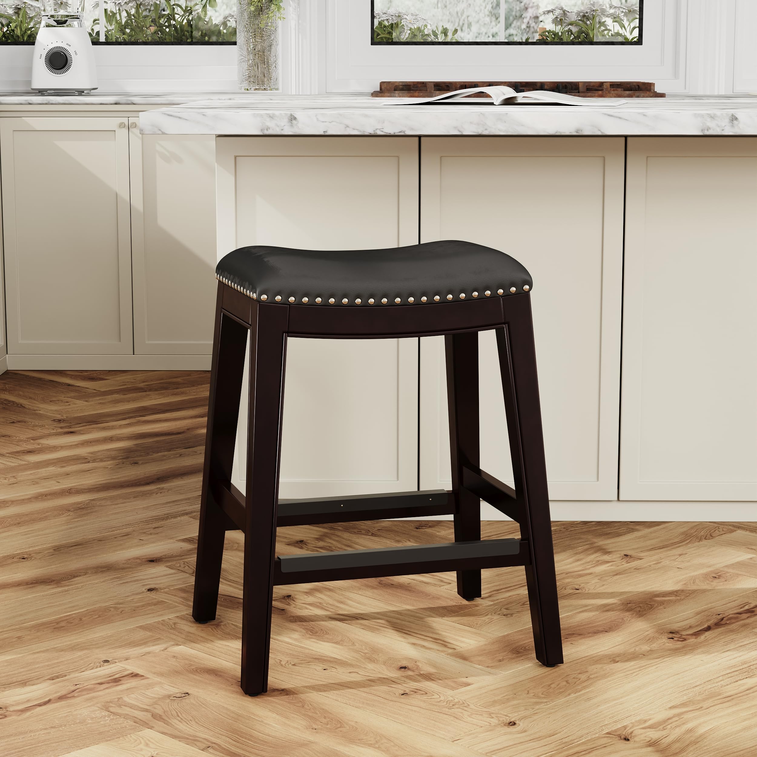 DTY Indoor Living Durango Bonded Leather Saddle Stool, 24” Counter Stool, Espresso Finish, Black Leather Seat