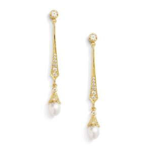 mariell gold freshwater pearl cubic zirconia dangle earring for brides, prom, wedding, birthday gift