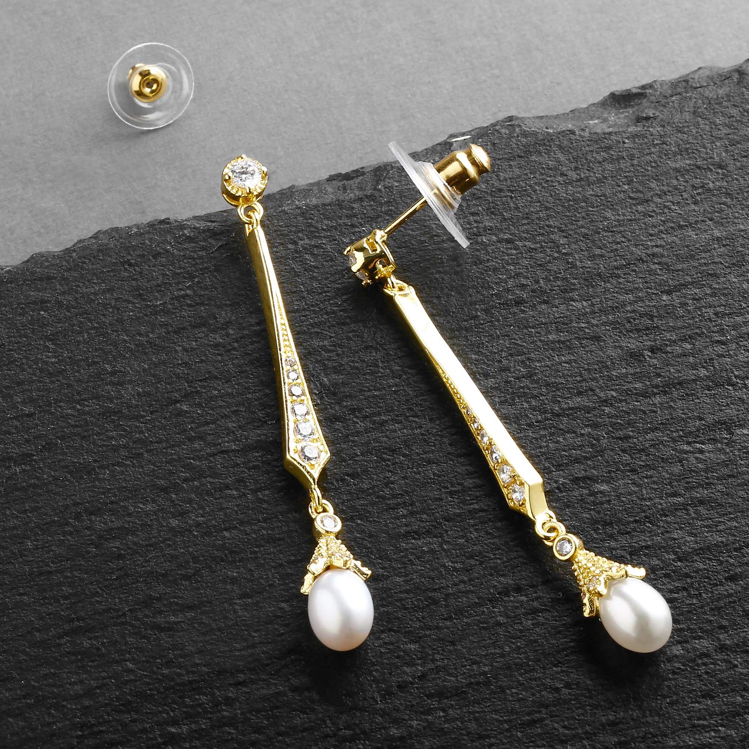 Mariell Gold Freshwater Pearl Cubic Zirconia Dangle Earring for Brides, Prom, Wedding, Birthday Gift