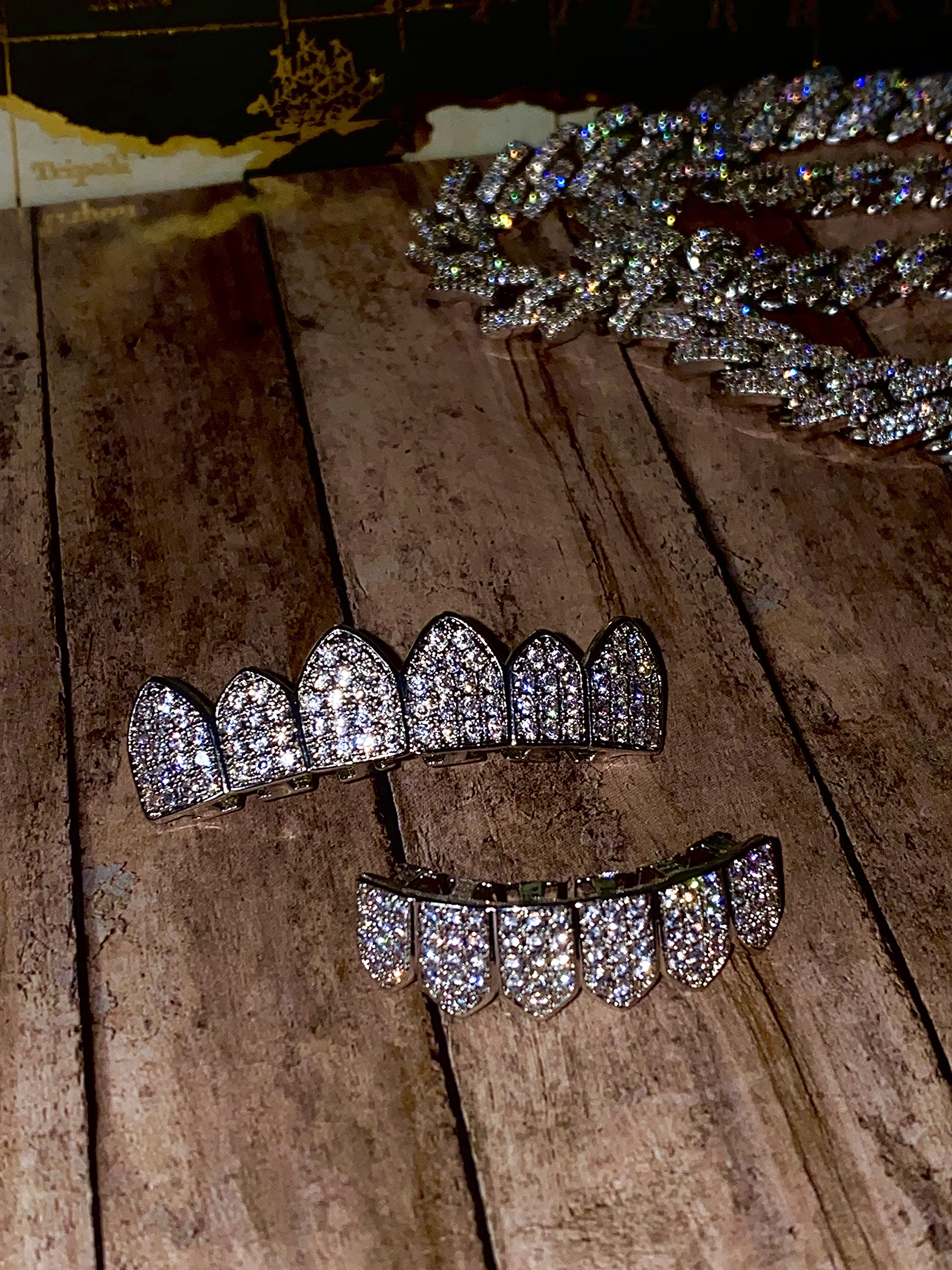 18K White Gold Plated CZ Cluster Custom Slugs Top Bottom Grillz Mouth Teeth Grills Set - Grillz, Teeth Cap, Iced Out Grillz (Top & Bottom Set)